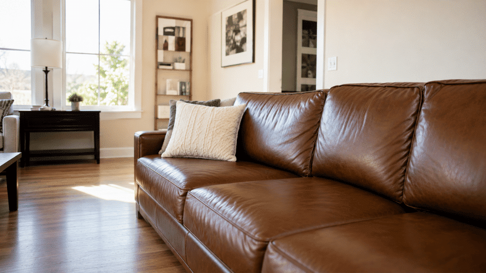Clean, conditioned brown leather couch with a soft sheen in a bright modern living room.