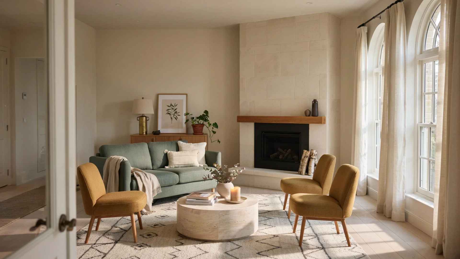 Living room with seating angled toward a corner fireplace for better visibility.