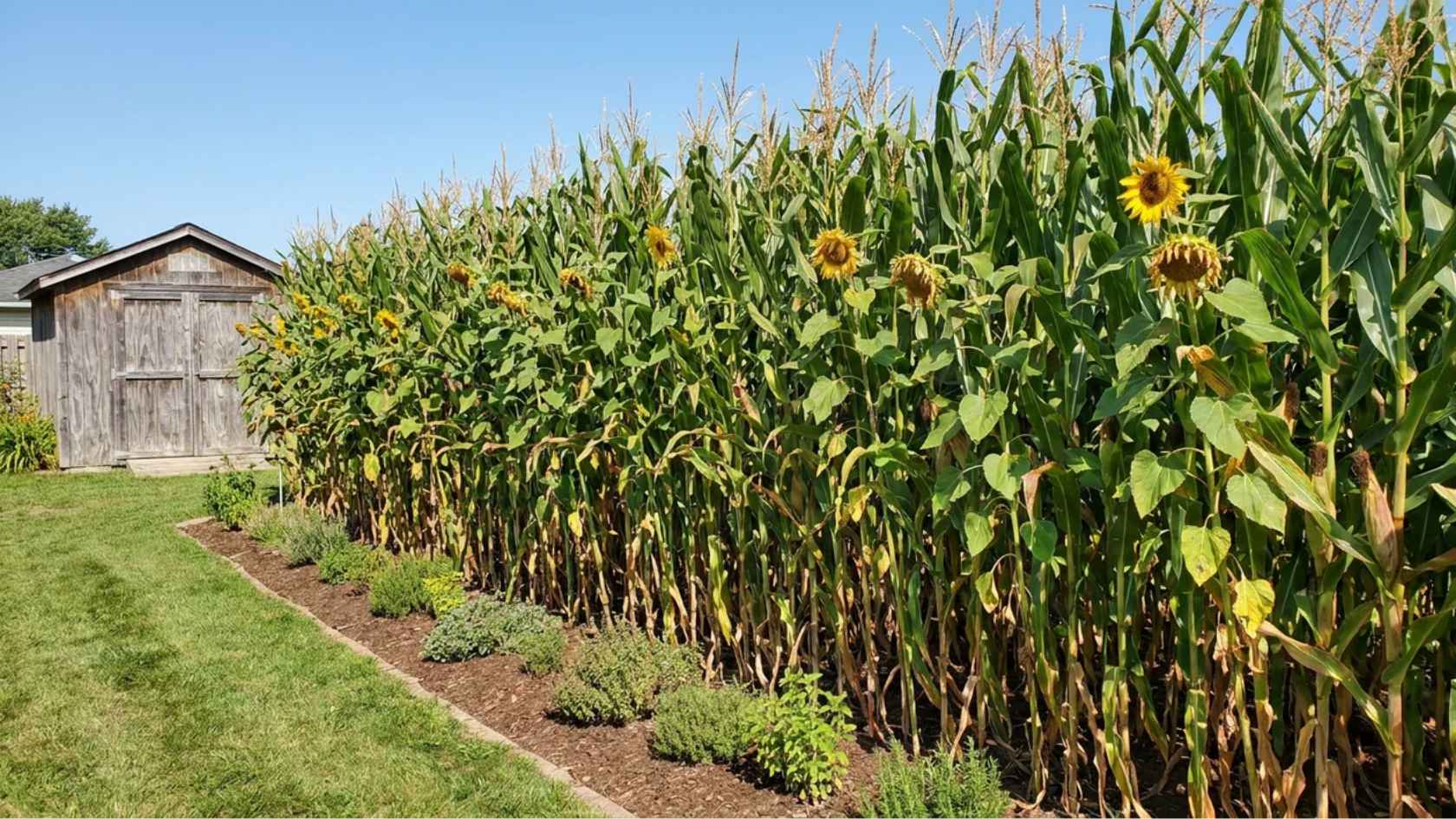 Neat row of tall sunflowers and cornstalks creating a natural seasonal privacy fence