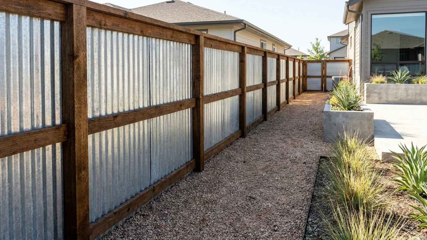 DIY corrugated metal fence with wood framing in a modern backyard setting.