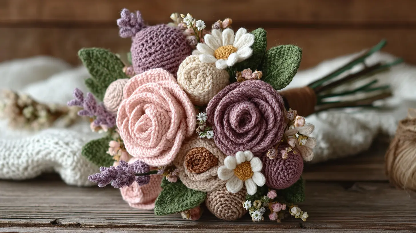 Cottagecore crochet flower bouquet with roses, daisies, and lavender