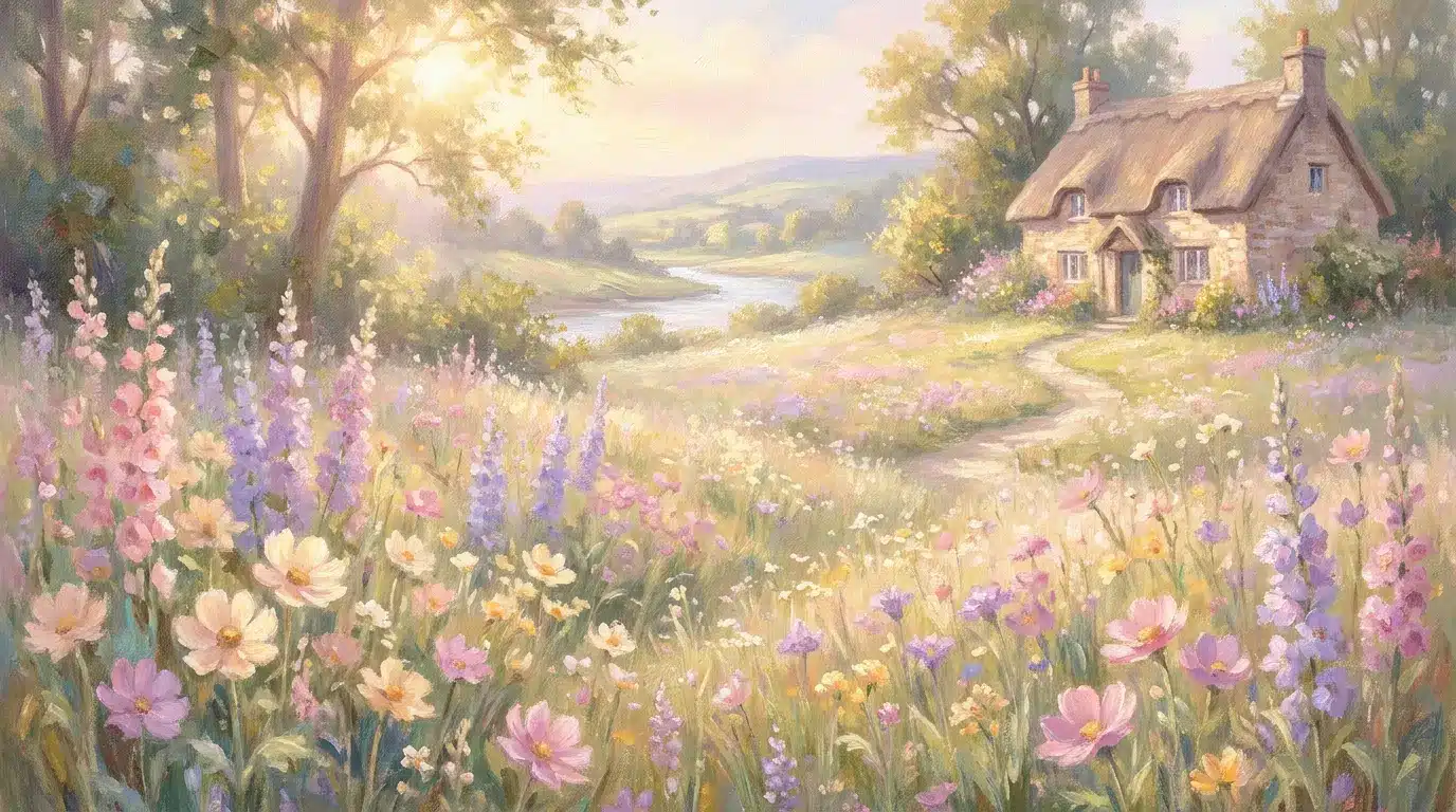 Cottagecore flower field canvas painting in blush, sage, and cream