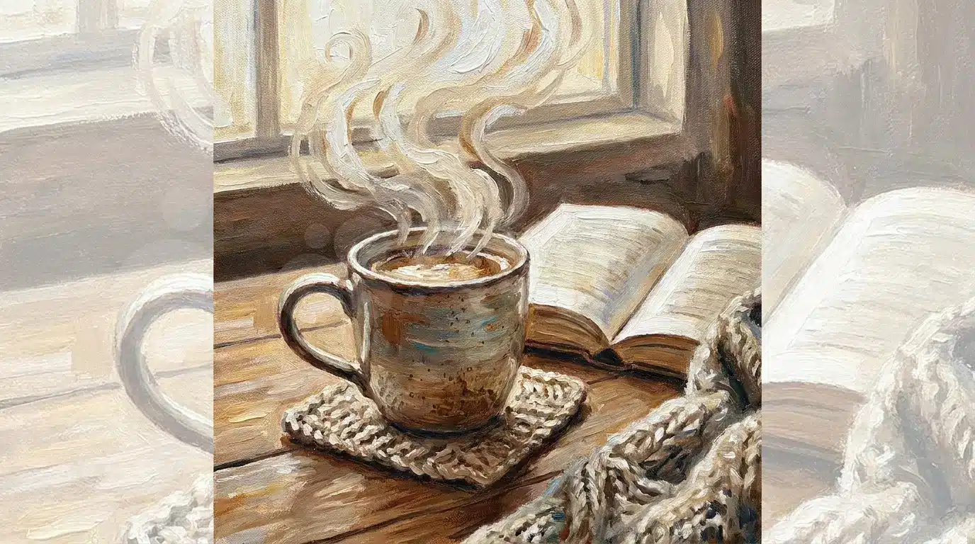 Cozy coffee cup canvas painting with steam on a warm background