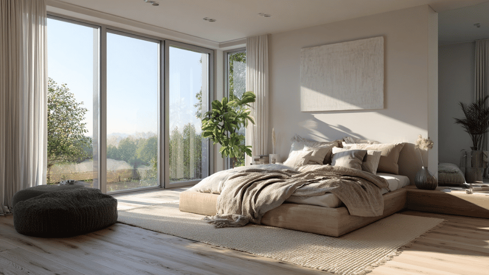 Minimalist bedroom with an open layout and spacious uncluttered floor space.