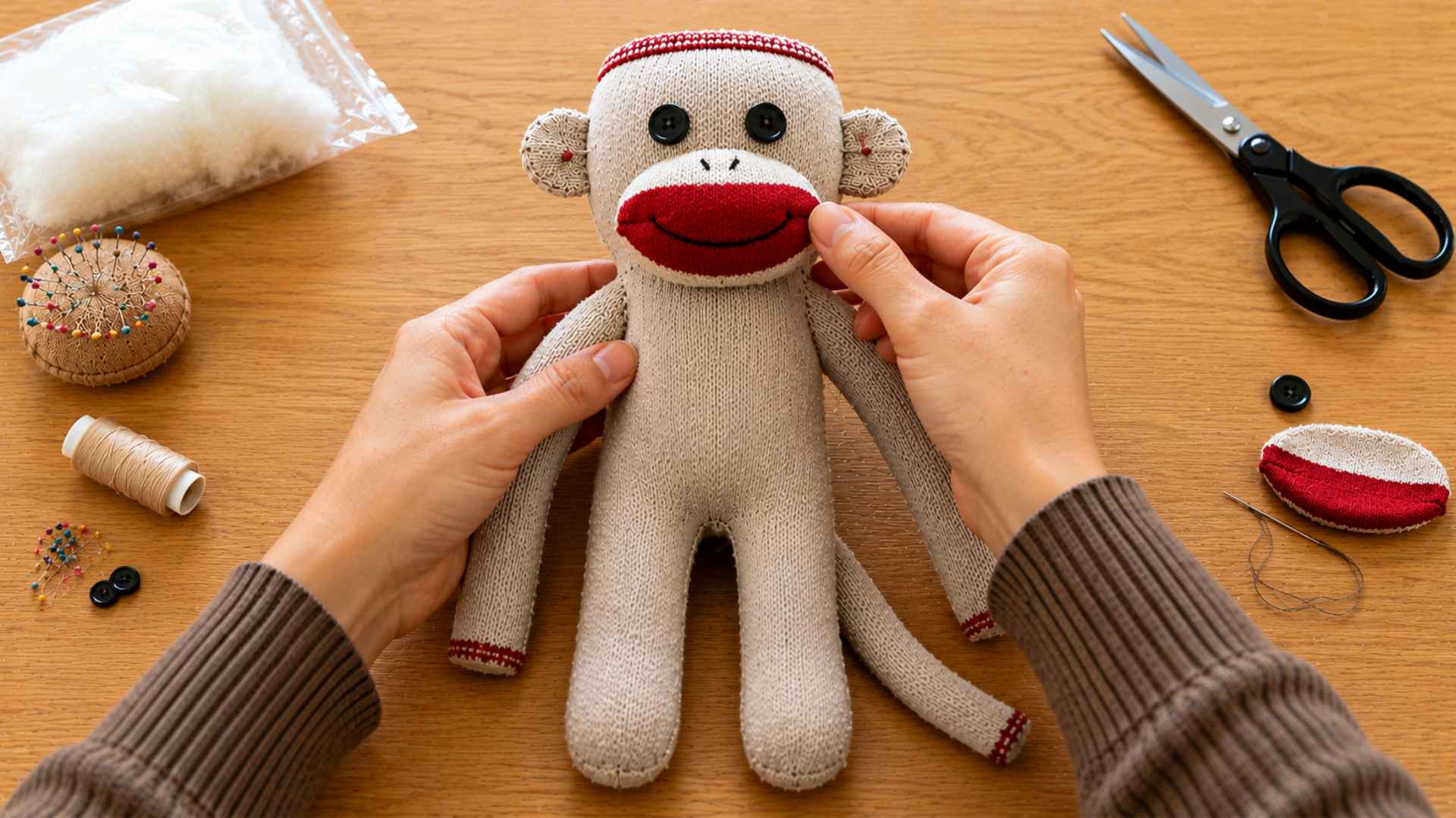 Sewing the face details on a finished handmade sock monkey