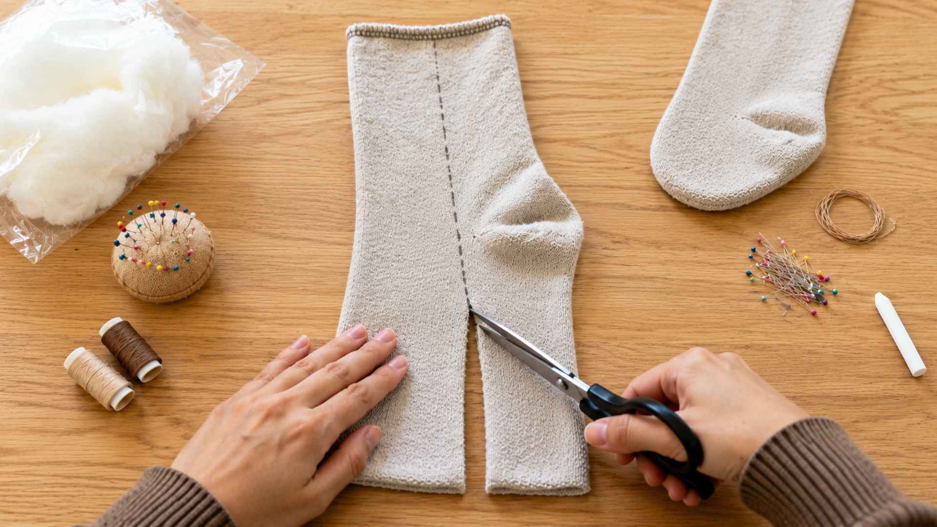 Cutting the sock body and legs for a handmade sock monkey tutorial