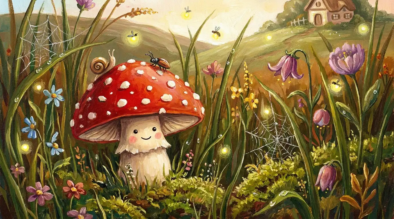 Cute mushroom canvas painting with red cap, white dots, and grass