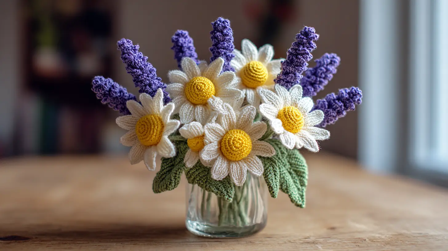 Crochet bouquet featuring white daisies and lavender stems