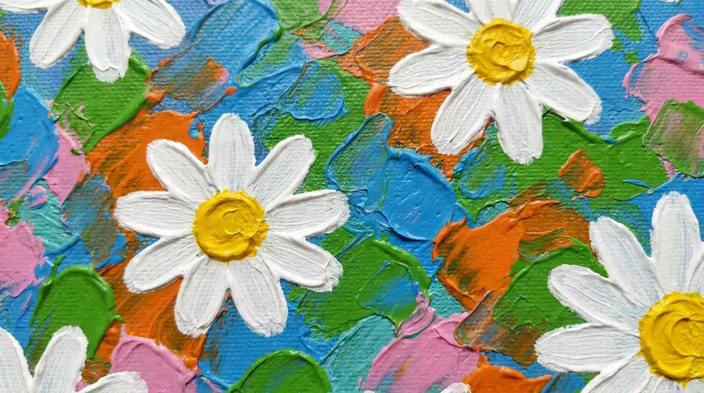 Daisy flower canvas painting with white petals on a solid background