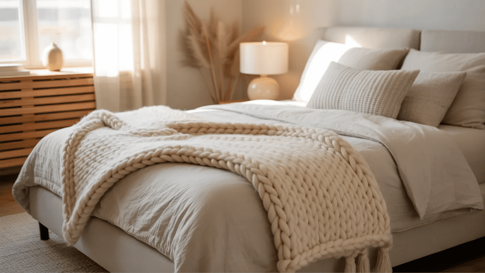 Minimalist bedroom with a chunky knit throw and cozy neutral textures.
