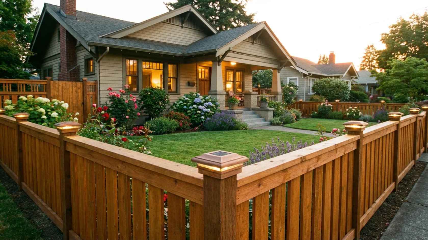Wood fence with decorative post caps adding detail and a finished appearance.