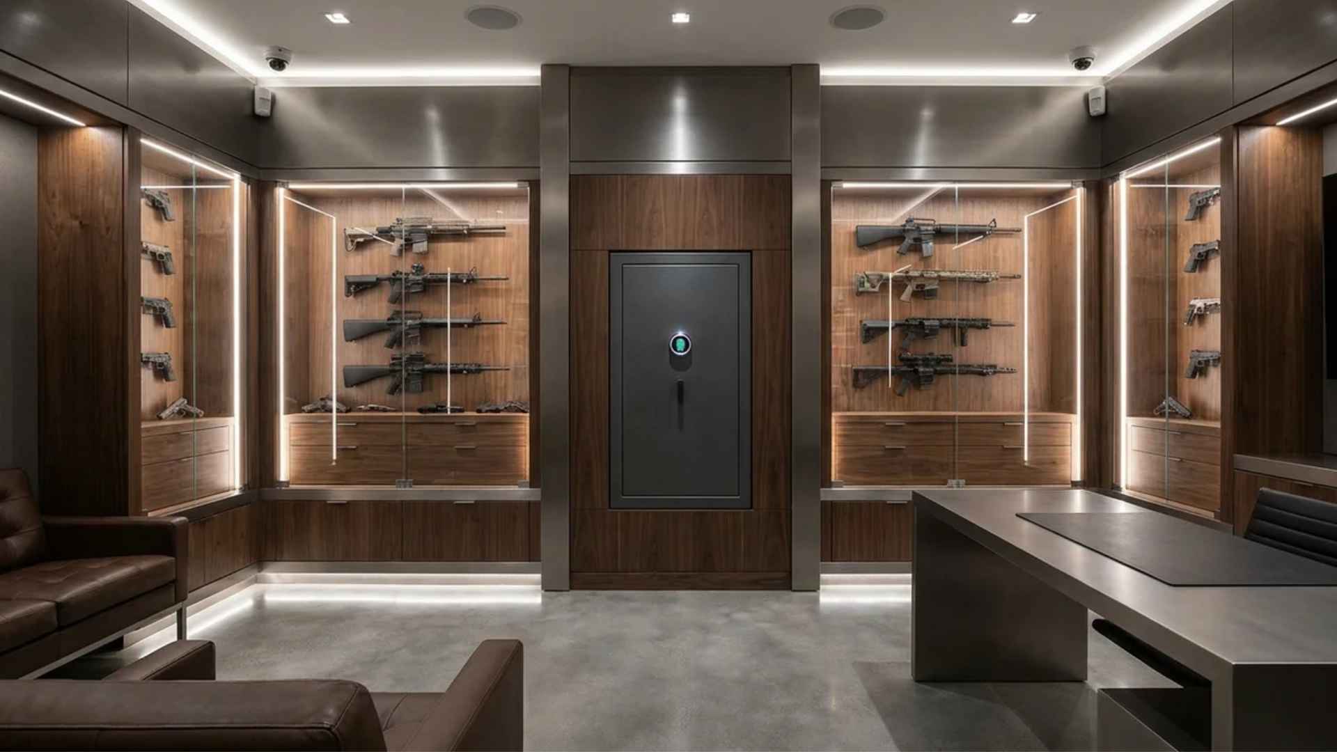 Wall-mounted biometric safe integrated into a modern gun room security storage system