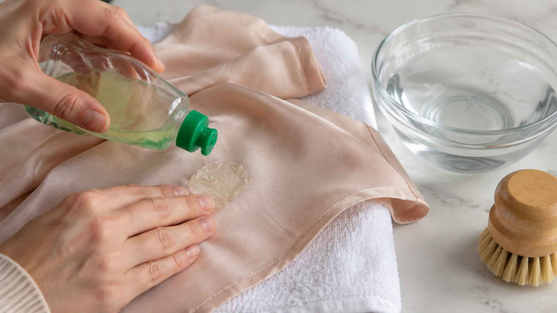 Hand applies dish soap to delicate fabric, gently lifting sticker residue.