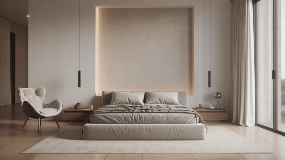 Minimalist bedroom with one bold statement piece and simple decor.