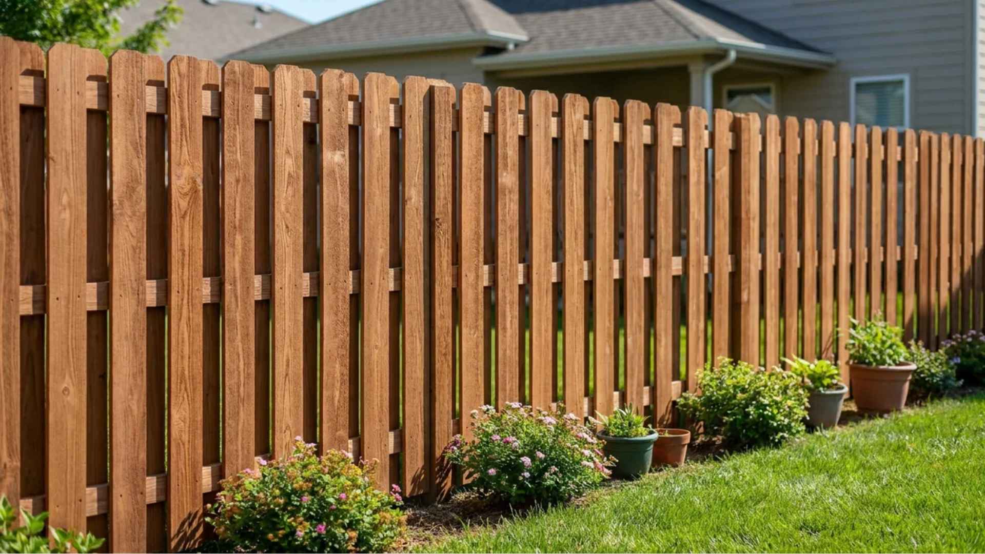 Dog-ear wooden privacy fence with clipped-corner pickets surrounding a suburban backyard.