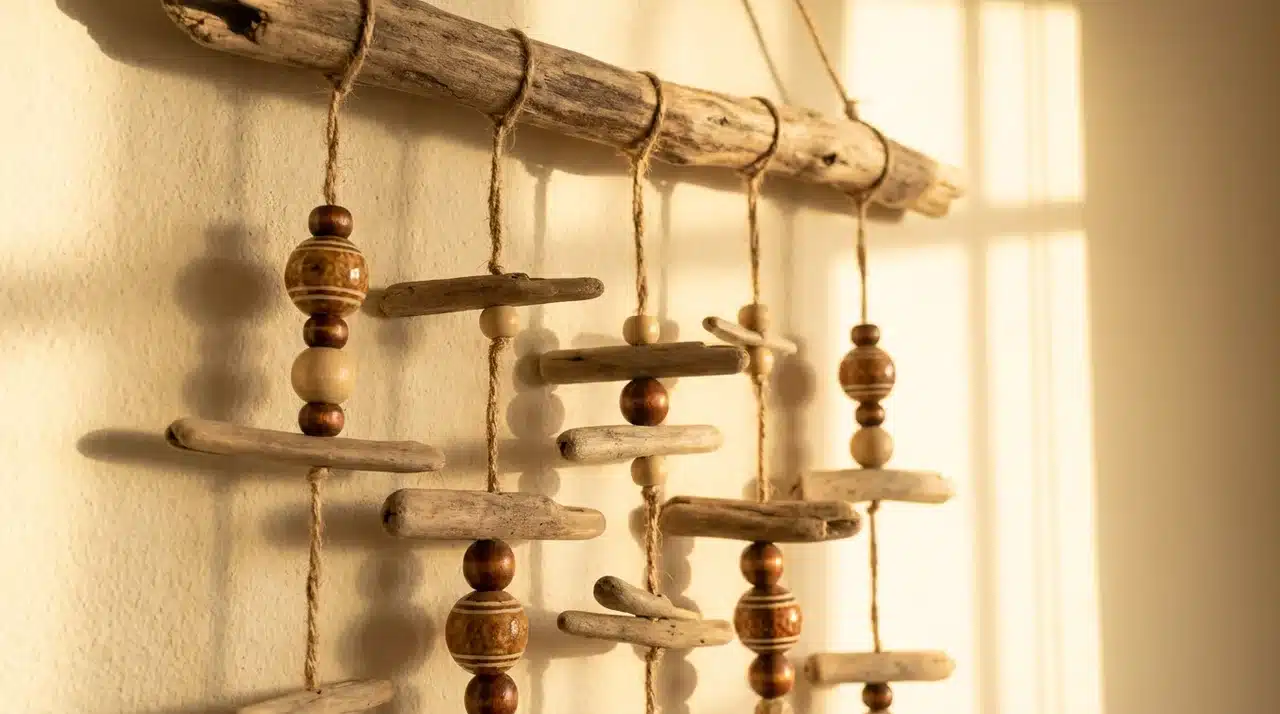 Flat driftwood pieces alternating with round wooden beads on jute cord hanging against a warm wall