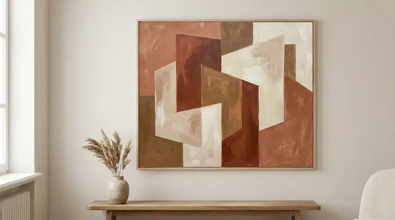 Earth tone geometric canvas painting in terracotta, rust, brown, and cream