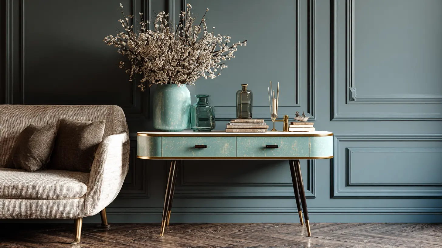 Elegant modern living room corner with a beige armchair, teal vintage console table, decorative glass vases, dried floral arrangement