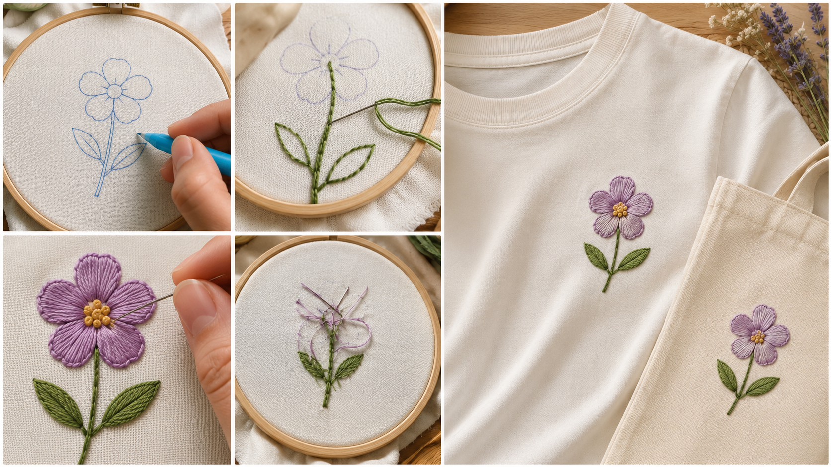 Embroidered purple flower with green stem and leaves on fabric, showing step-by-step stitching progress and finished designs on a shirt and tote bag