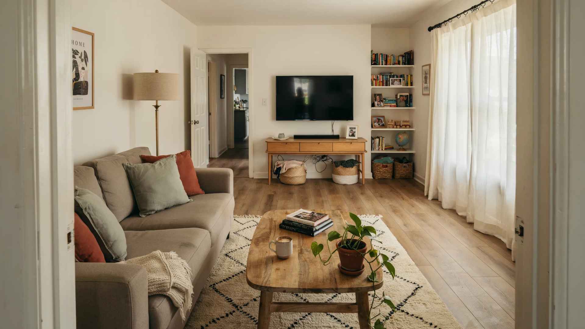 Family living room with comfortable seating and open pathways for daily activities
