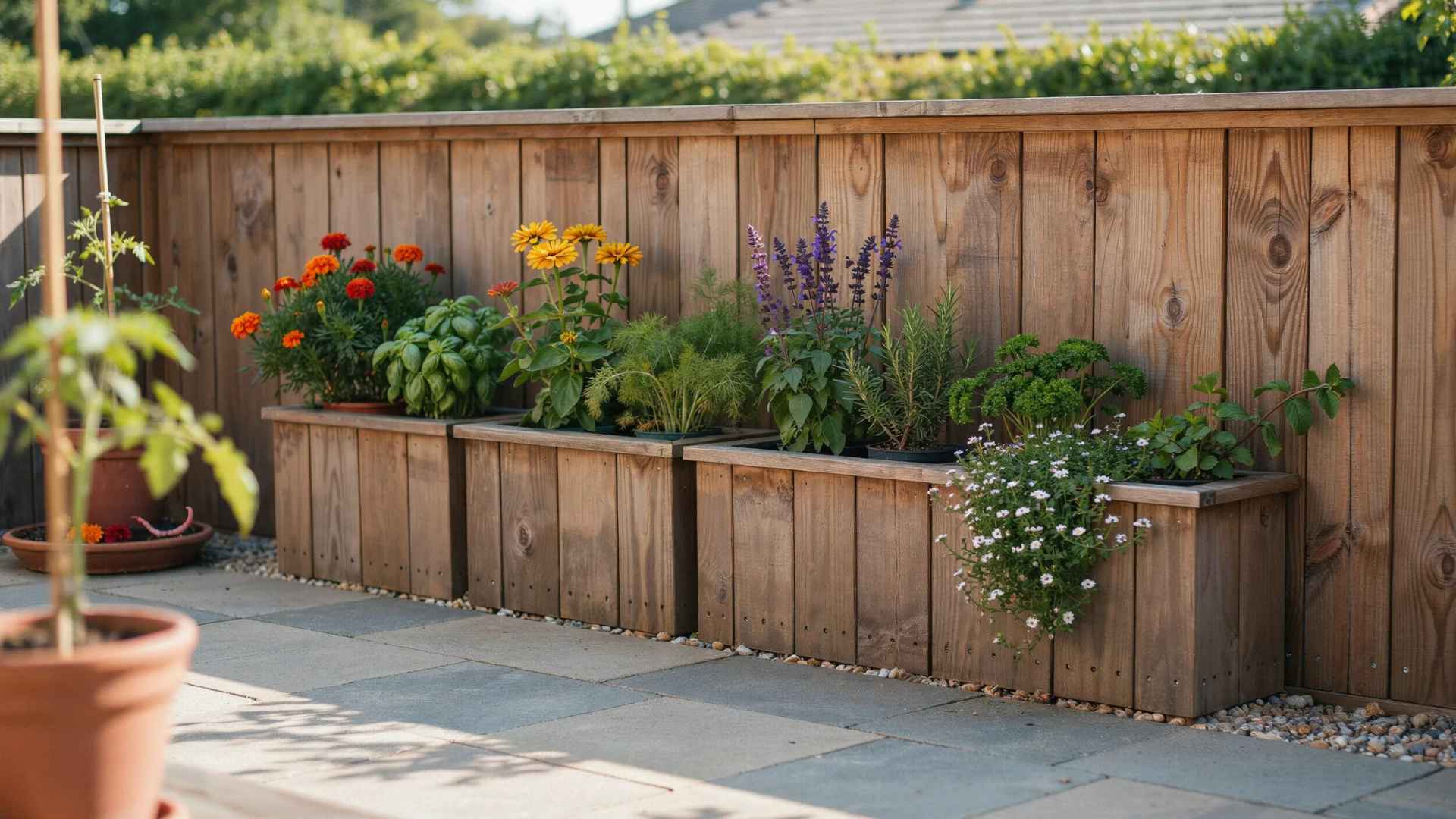 Wooden fence featuring built-in planter boxes filled with flowers and fresh herbs.
