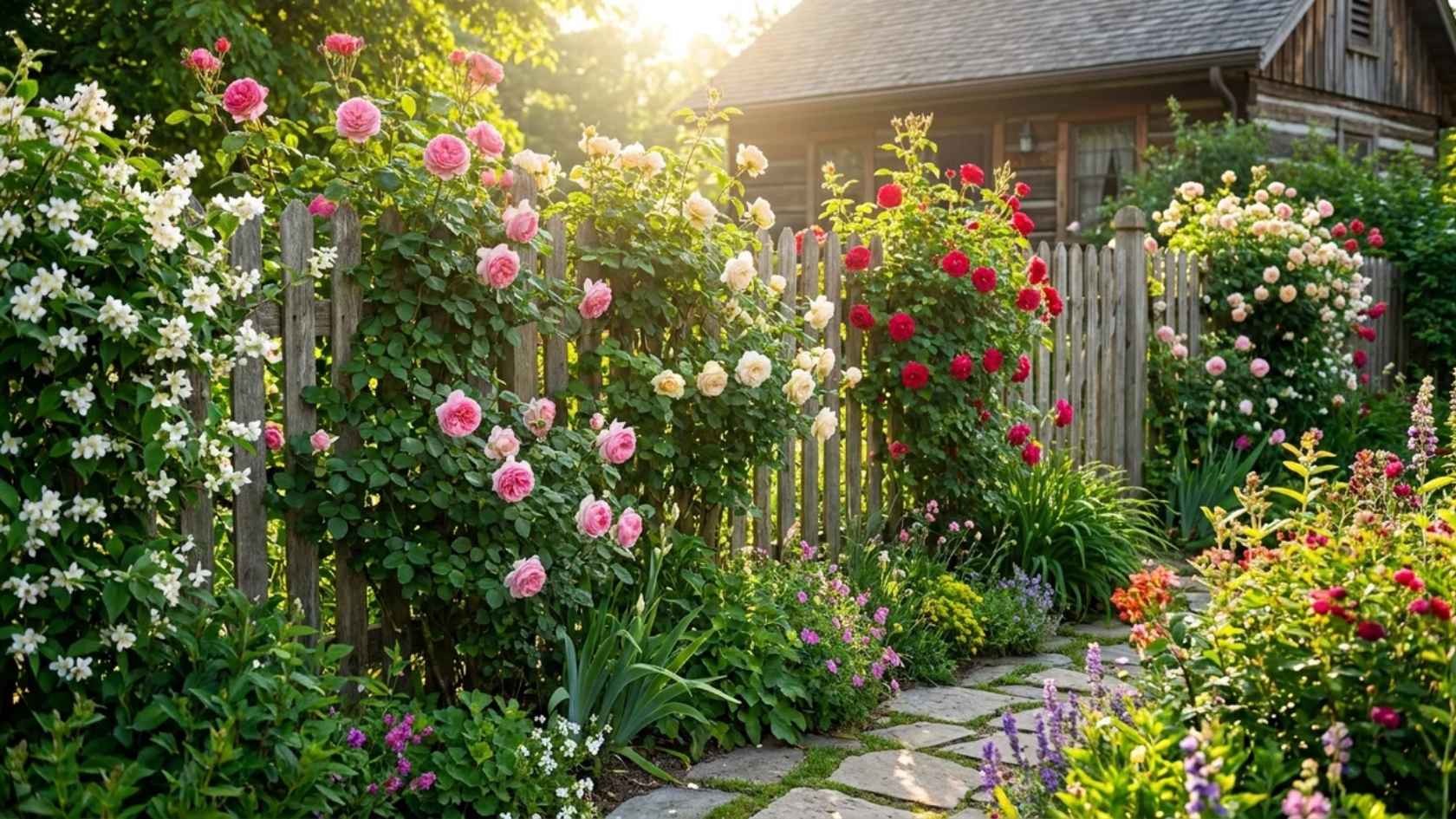 Wood fence covered with climbing plants and flowers creating a natural garden backdrop.