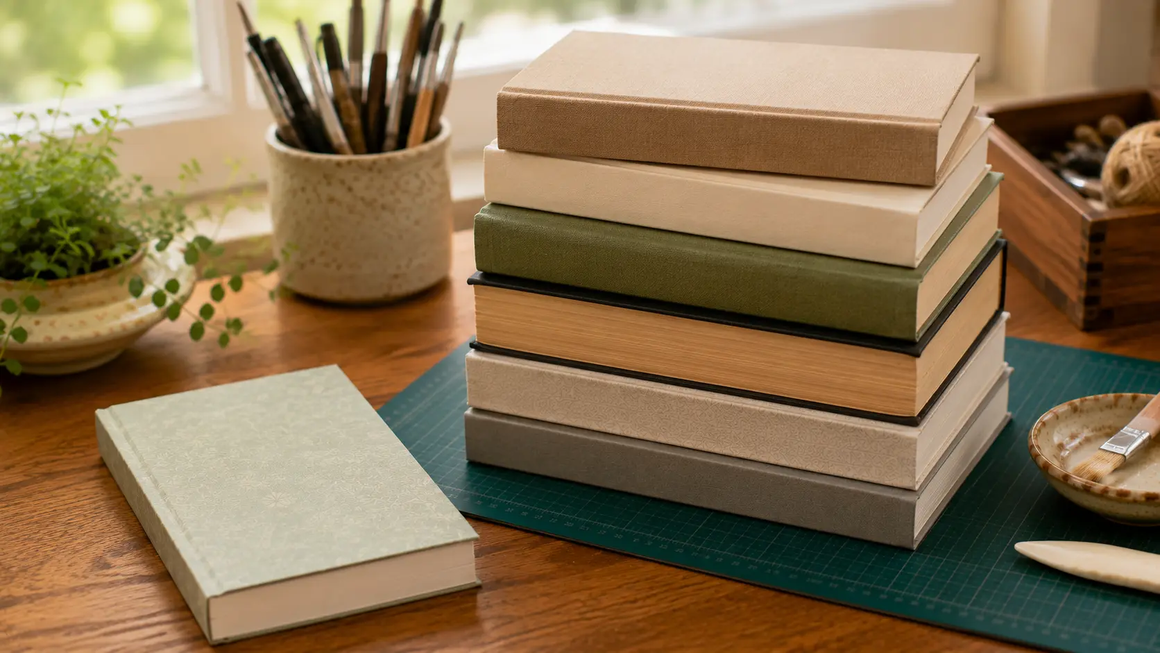 Finished perfect-bound book pressed for final drying and strength