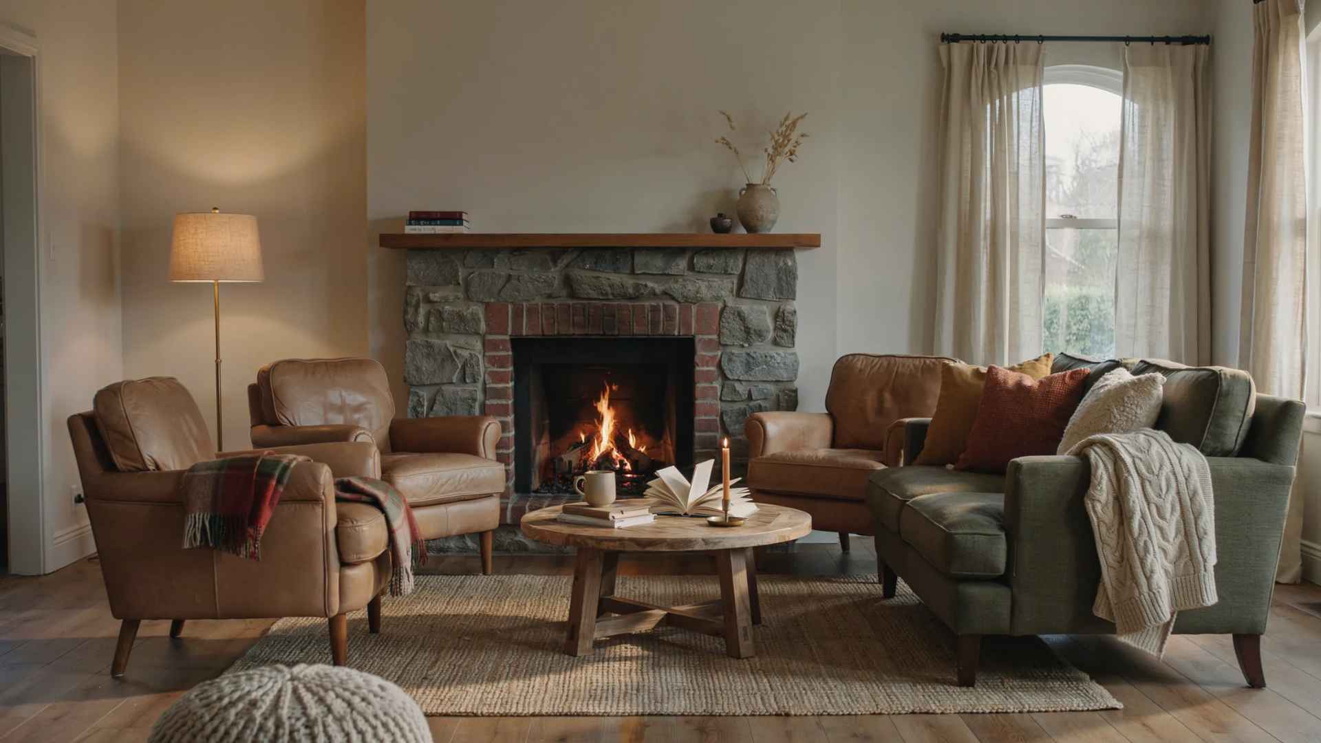 Living room arranged around a fireplace with seating positioned toward the hearth.