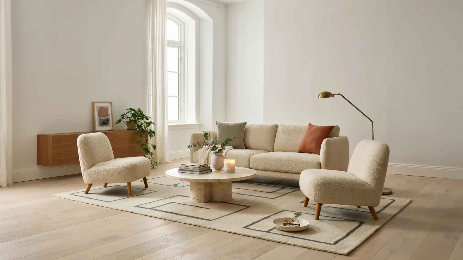 Living room with furniture arranged away from the walls to create a defined seating area.