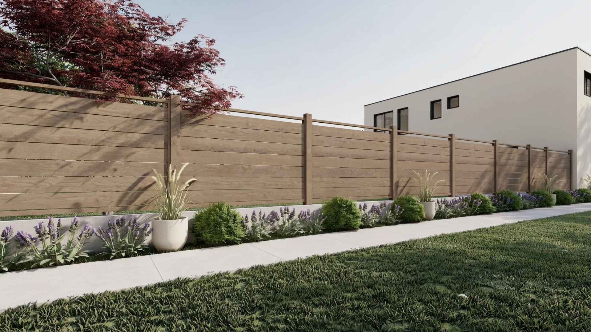 Floating wood panel fence with clean lines and architectural gaps between posts.