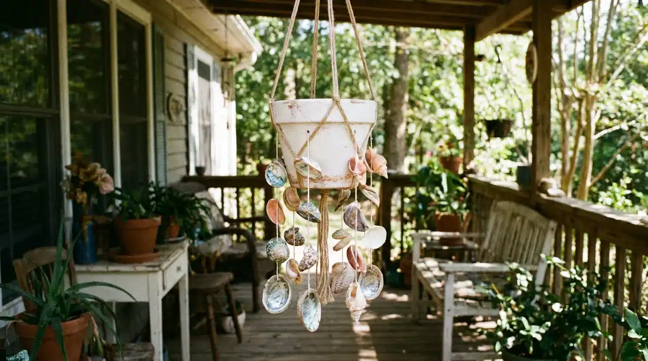 White ceramic flower pot with hanging shells on jute cord on a rustic wooden porch
