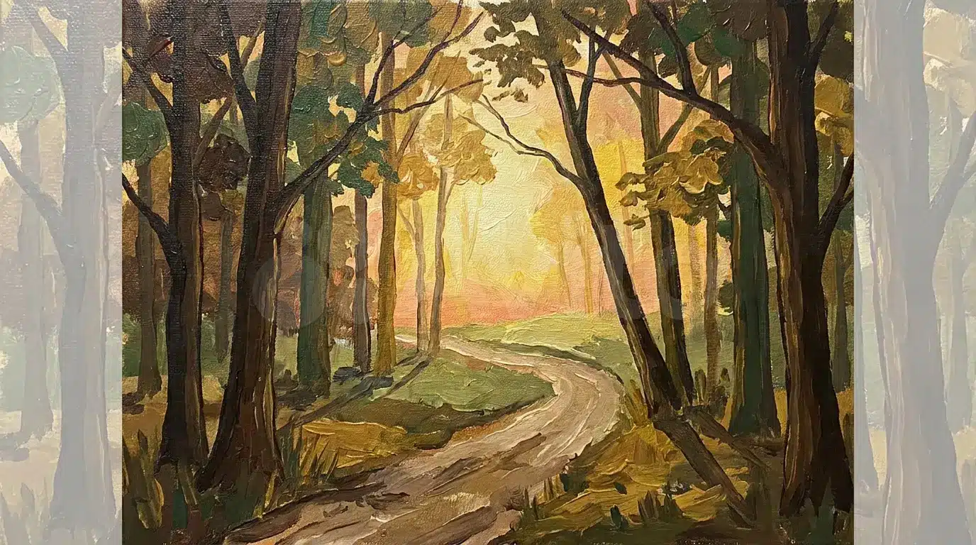 Forest pathway canvas painting with tall trees and glowing light