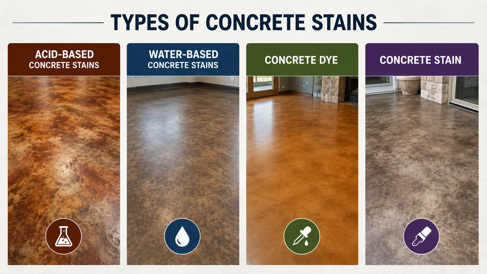 showing four distinct floor finishes categorized into acid-based stains, water-based stains, concrete dye, and a standard concrete stain