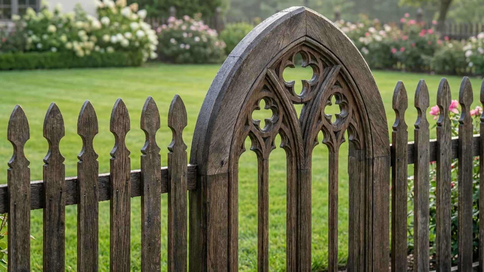 French Gothic wood fence with decorative curved spearhead pickets framing a traditional home entrance.