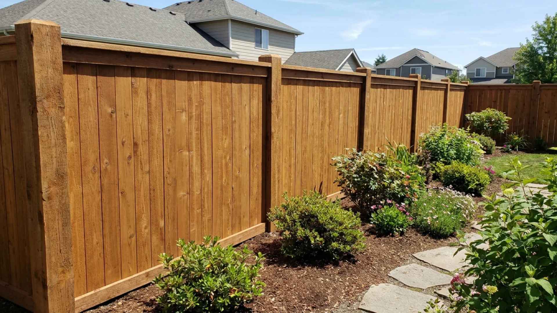 Tall cedar privacy fence with solid panels enclosing a landscaped backyard space.