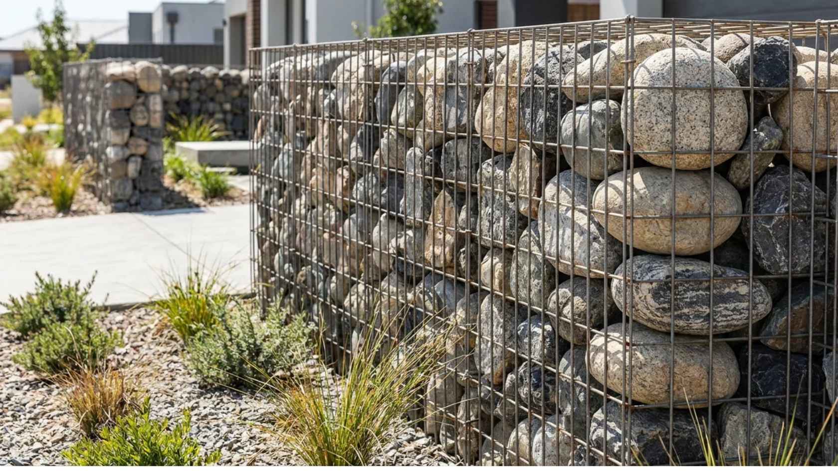 Gabion fence made from stone-filled wire baskets creating a modern property boundary