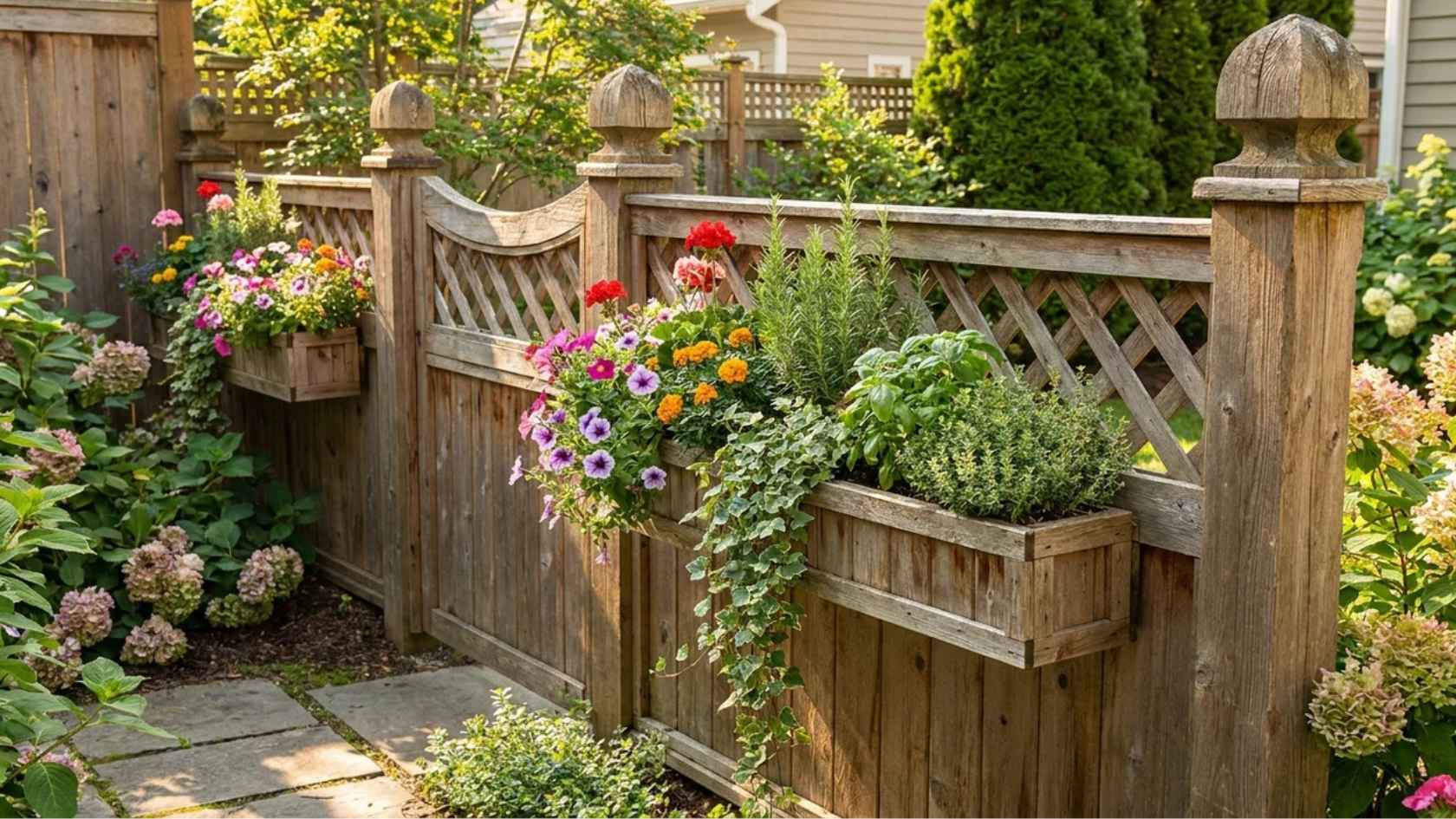Wooden garden fence with built-in planters filled with flowers, herbs, and trailing plants.
