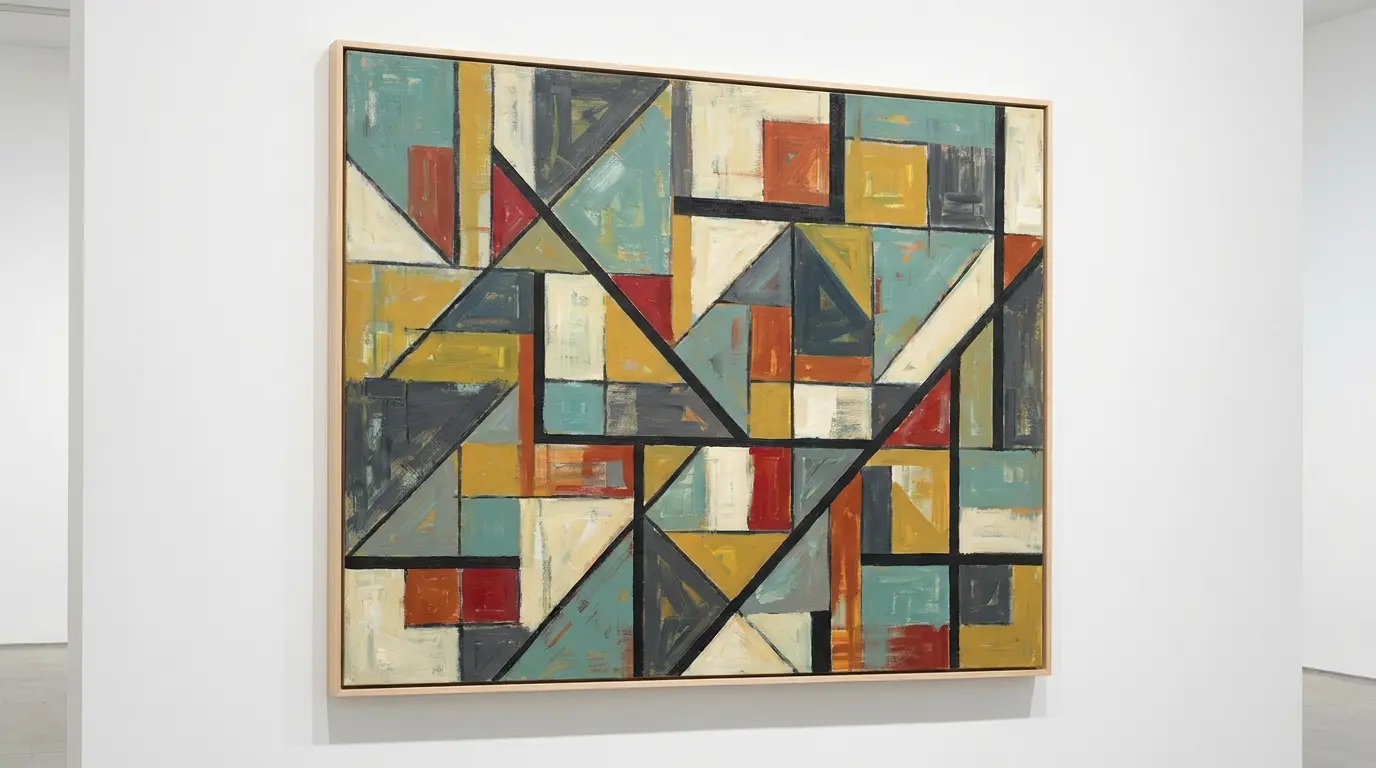 Geometric abstract canvas painting with tape and bright color sections