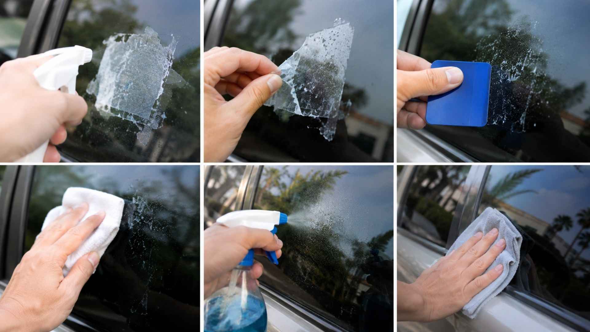Sticker removal from car window using spray, plastic card, and microfiber cloth to clean residue.