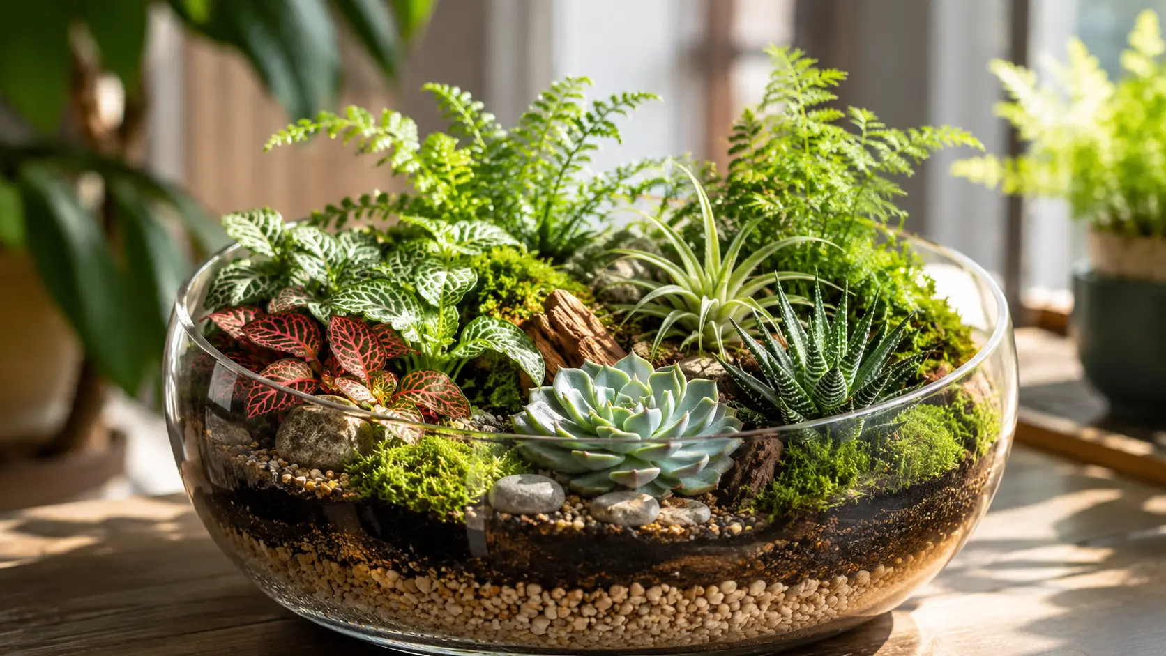 Glass terrarium filled with popular plants including moss, ferns, succulents, and air plants