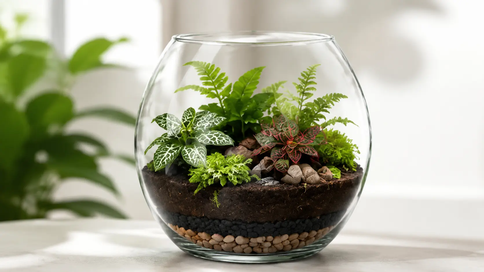 Glass terrarium with layered soil and lush green plants in soft natural light