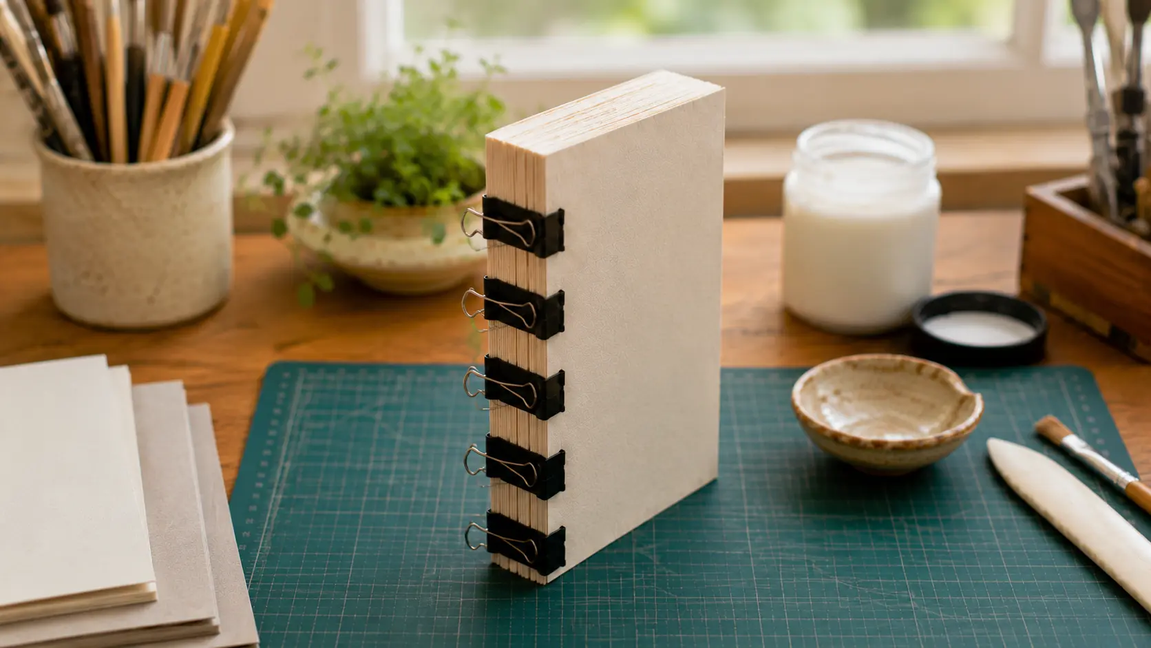 Glued book block drying upright before cover attachment