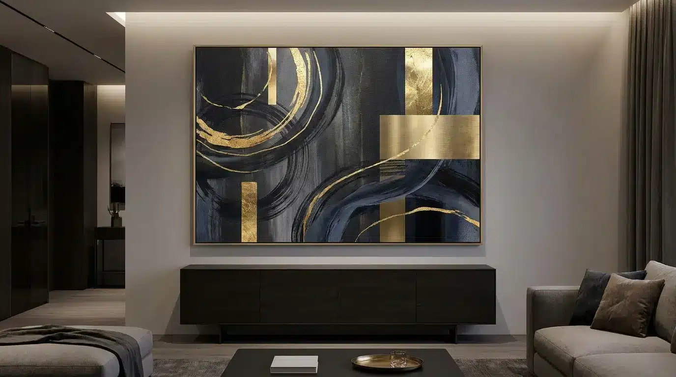 Gold accent canvas painting on a deep dark background with metallic details