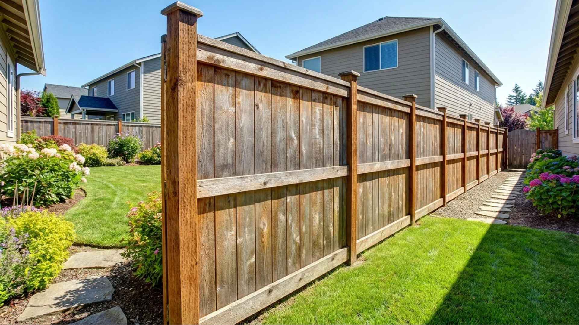 Board-on-board wooden fence with finished appearance separating two residential yards.