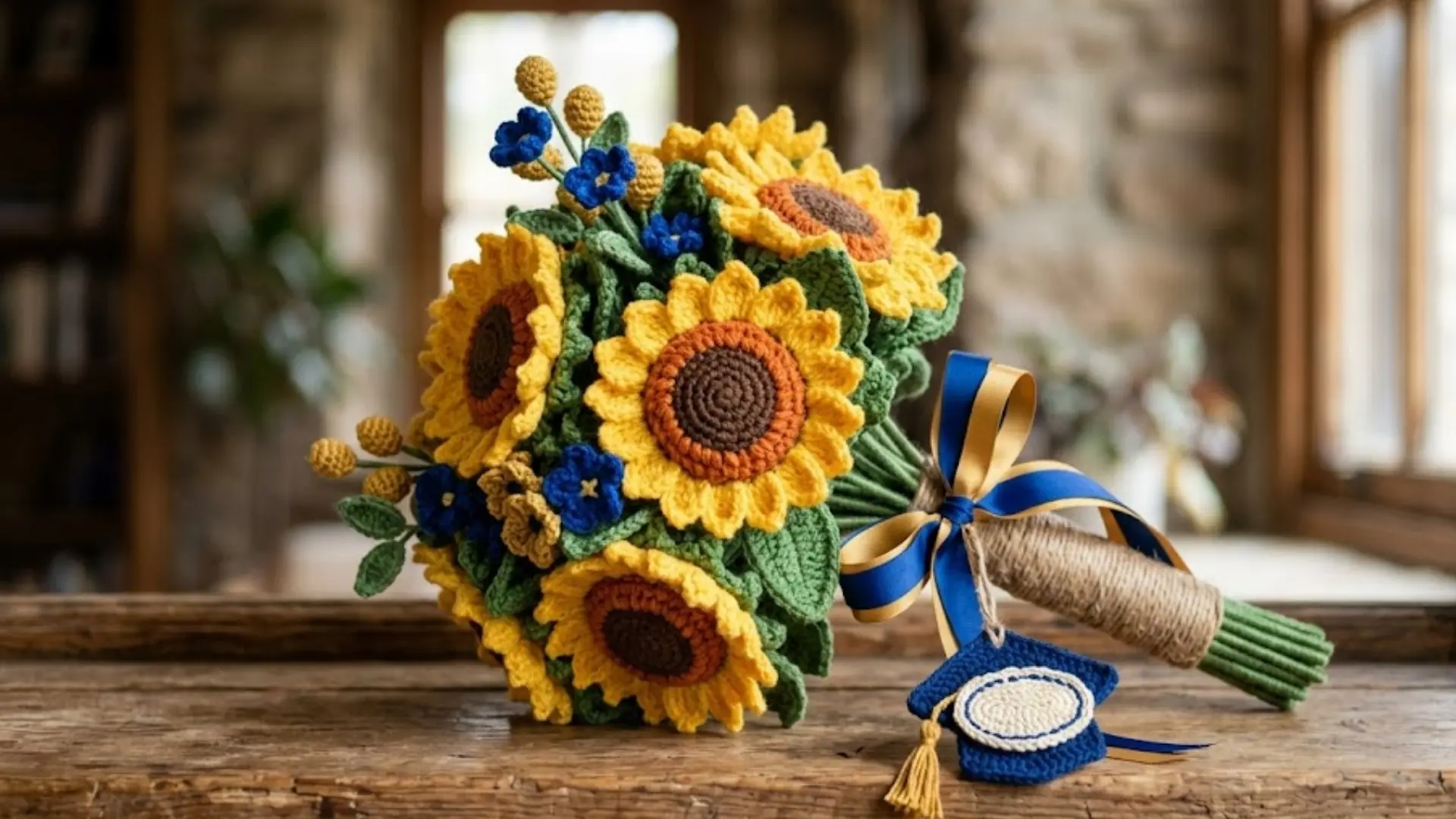 Crochet graduation sunflower bouquet with ribbon and decorative gift tag