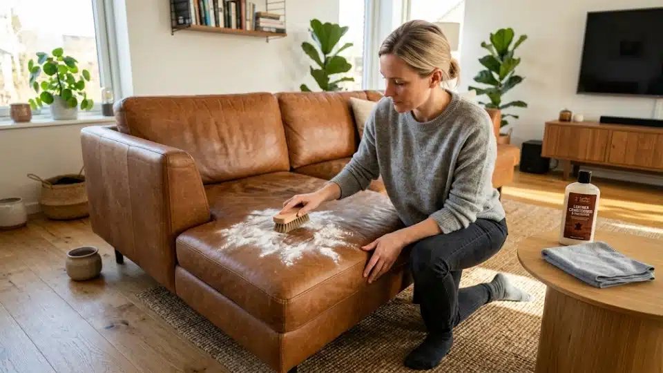 Person cleaning grease stain on brown leather sofa with baking soda, brush, and conditioner in bright modern living room.