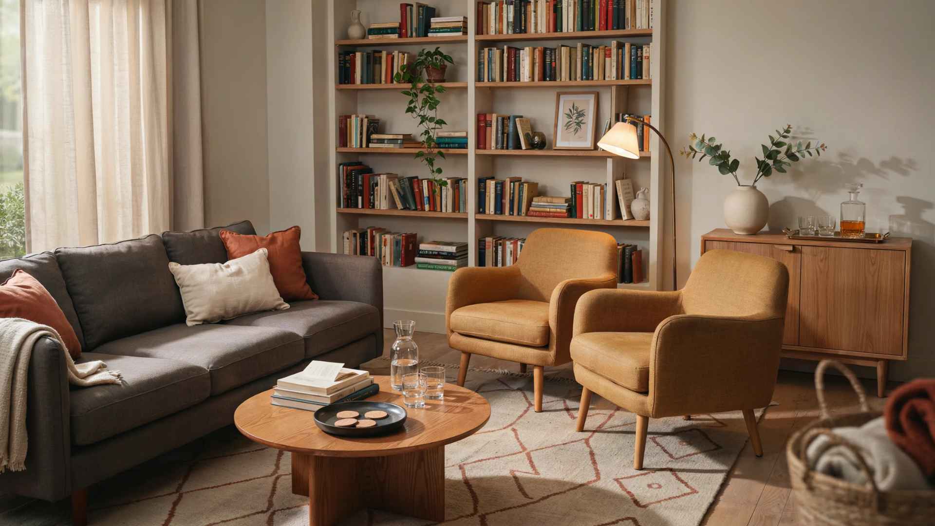 Living room arranged with flexible seating for comfortable conversations and gatherings.