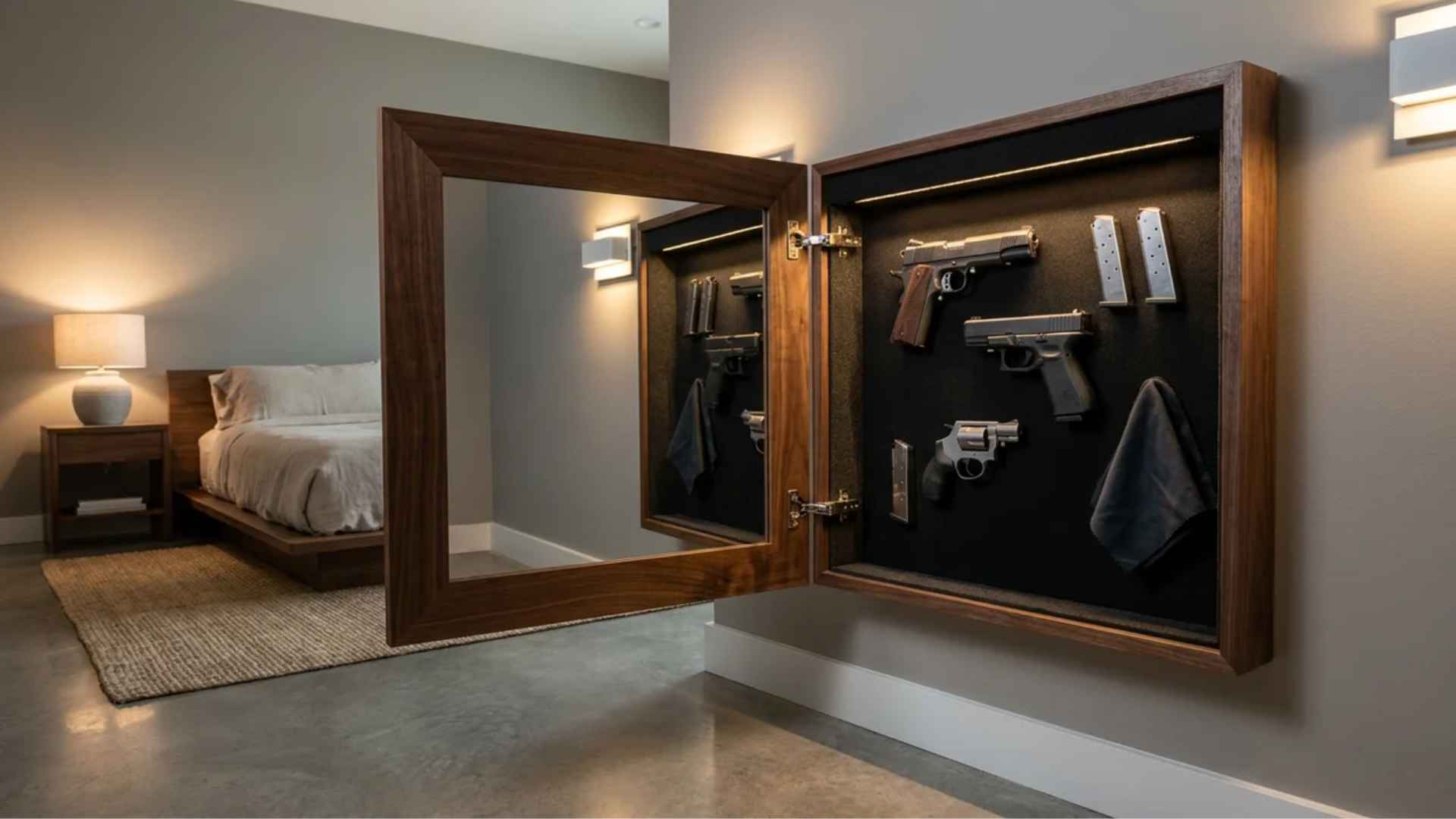 Wall mirror swung open revealing hidden compartment with multiple pistols in foam-lined storage.