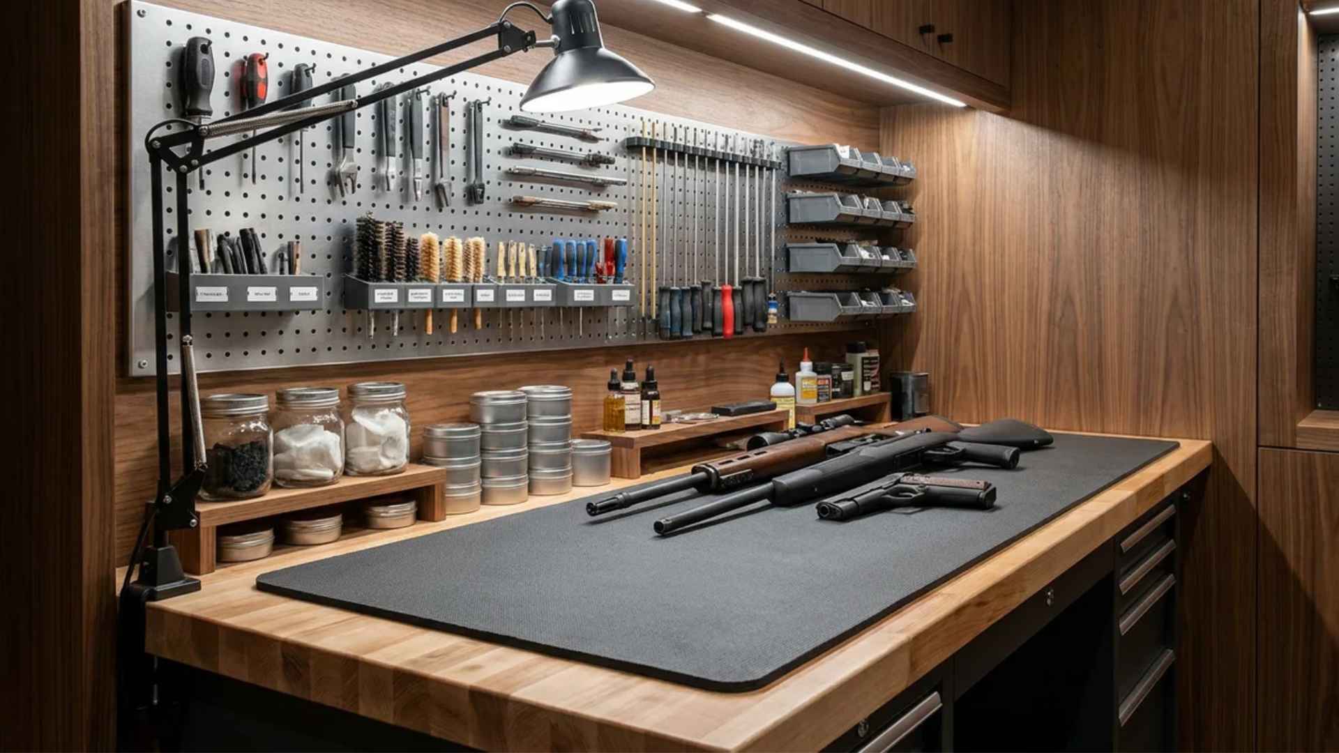 Gun cleaning station with workbench, pegboard tools, and organized maintenance equipment