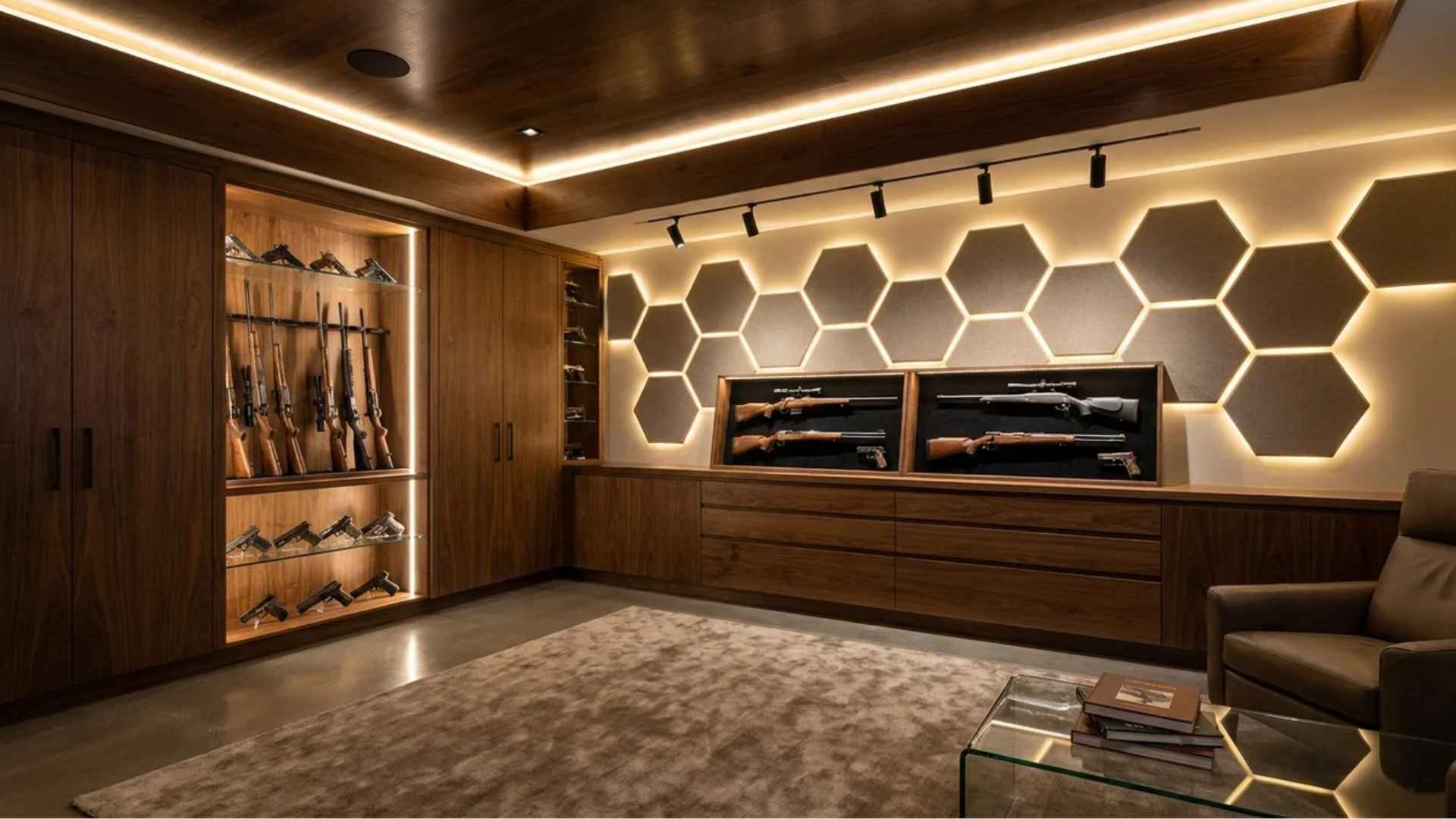 Luxury gun room with walnut cabinetry, LED lighting, rifle racks, pistol displays, hexagon wall.